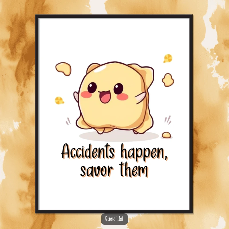 Funny tripping ravioli poster showing a ravioli character falling and its filling scattering joyfully, perfect for kitchen decor.