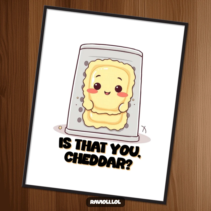 Funny ravioli character peeking playfully from behind a giant cheese grater on a poster, creating a humorous food-themed artwork.