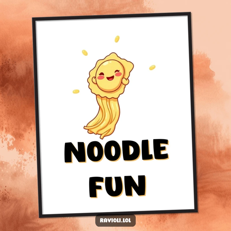 Funny giggling ravioli sliding down a spaghetti strand like a slide, on a vibrant poster, perfect for playful decor.