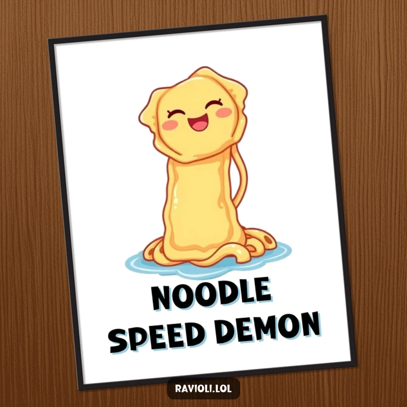 Funny poster depicting a ravioli gleefully sliding down a noodle waterslide, adding vibrant and humorous food art to any room.