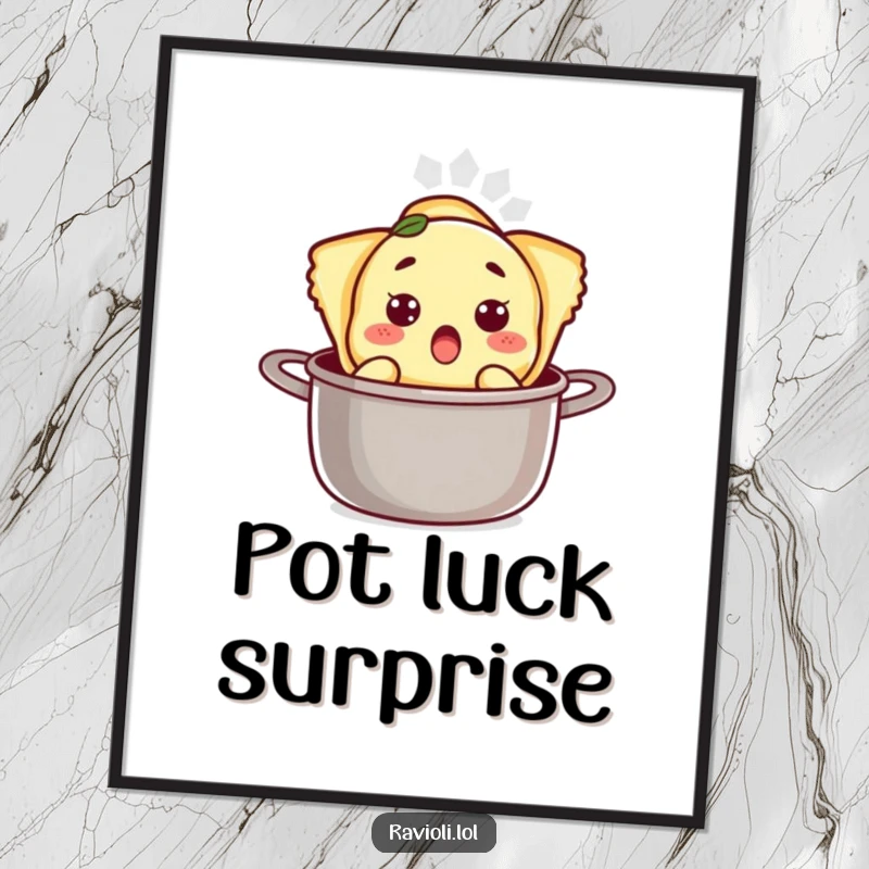 Funny ravioli character with a wide-eyed surprised expression emerging from a cooking pot on a poster, depicting food fun.