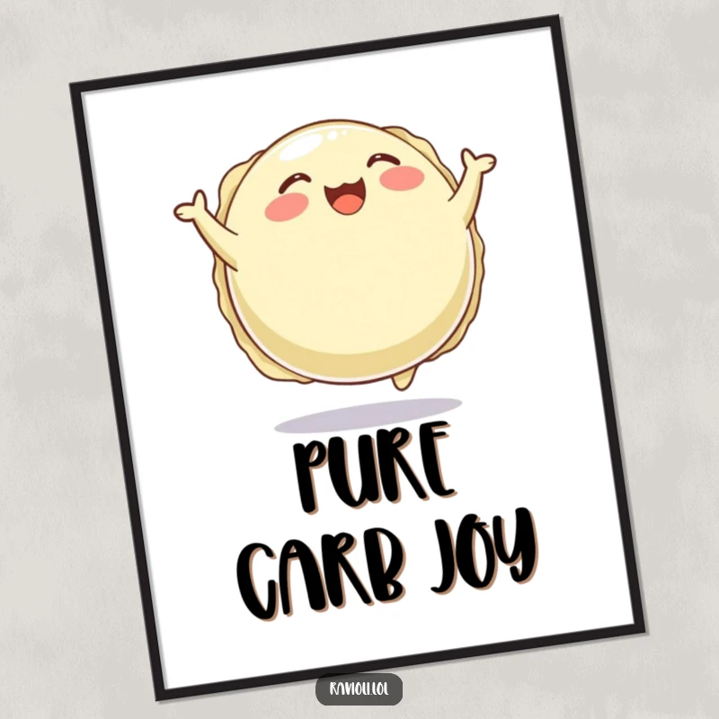 Funny poster art of a plump, round ravioli character joyfully bouncing, embodying happiness and deliciousness.