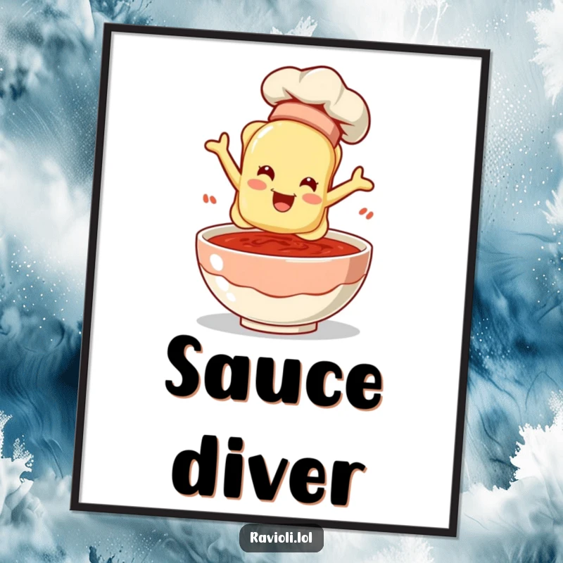 Funny ravioli character in a chef hat leaping into a bowl of sauce, depicted on a vibrant poster, perfect for kitchen decor.