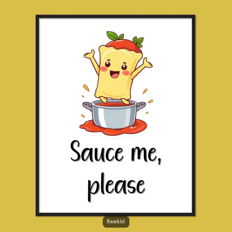 Funny Ravioli Sauce Leap Poster: Happy Noodle Dive Art, Perfect Wall Decor Gift