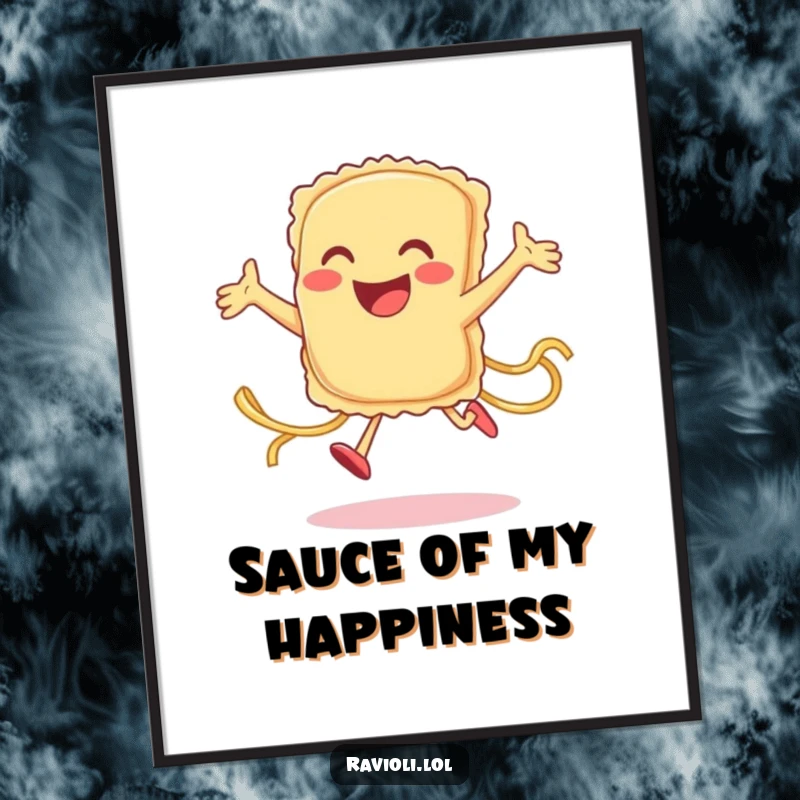 Funny happy ravioli character jumping high with pasta strands, depicted as humorous wall art on this poster, a great gift.