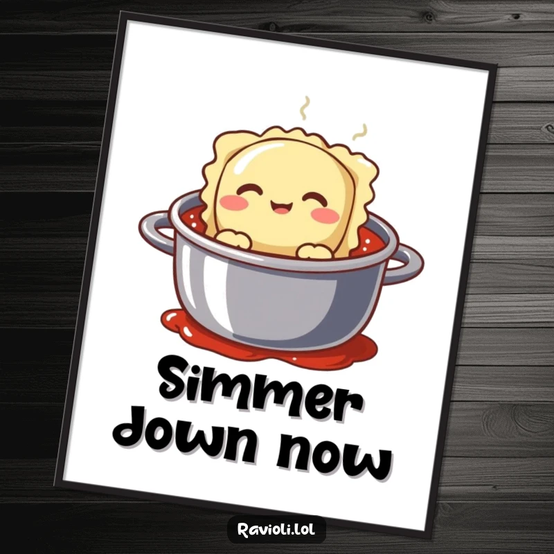 Funny ravioli character peeking from a pot of sauce with a silly, exaggerated face, humorous wall art.