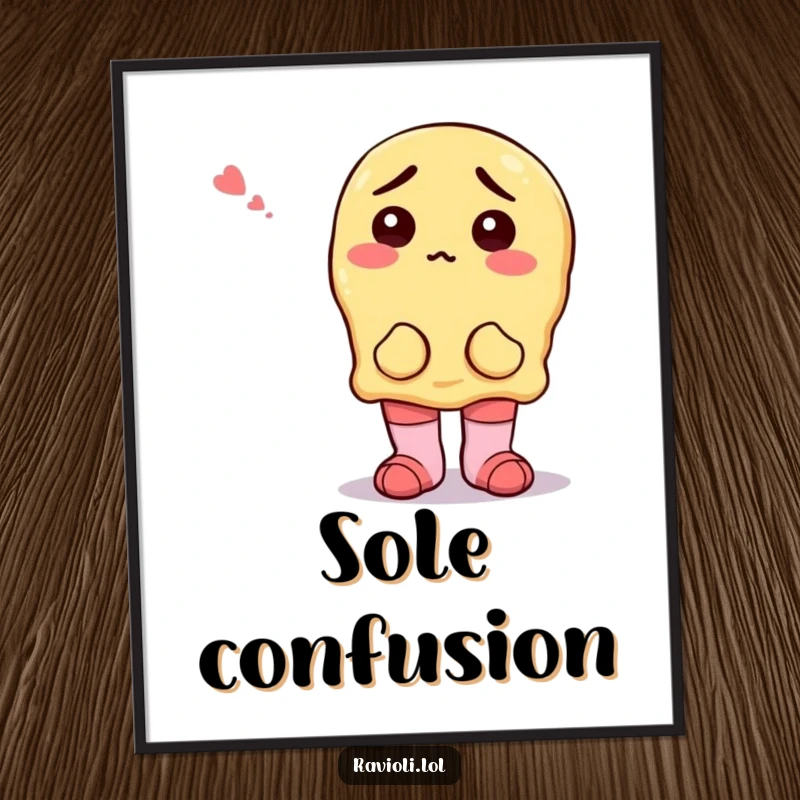 A whimsical poster print of a funny ravioli character looking confused while wearing two differently patterned socks, evoking playful bewilderment.