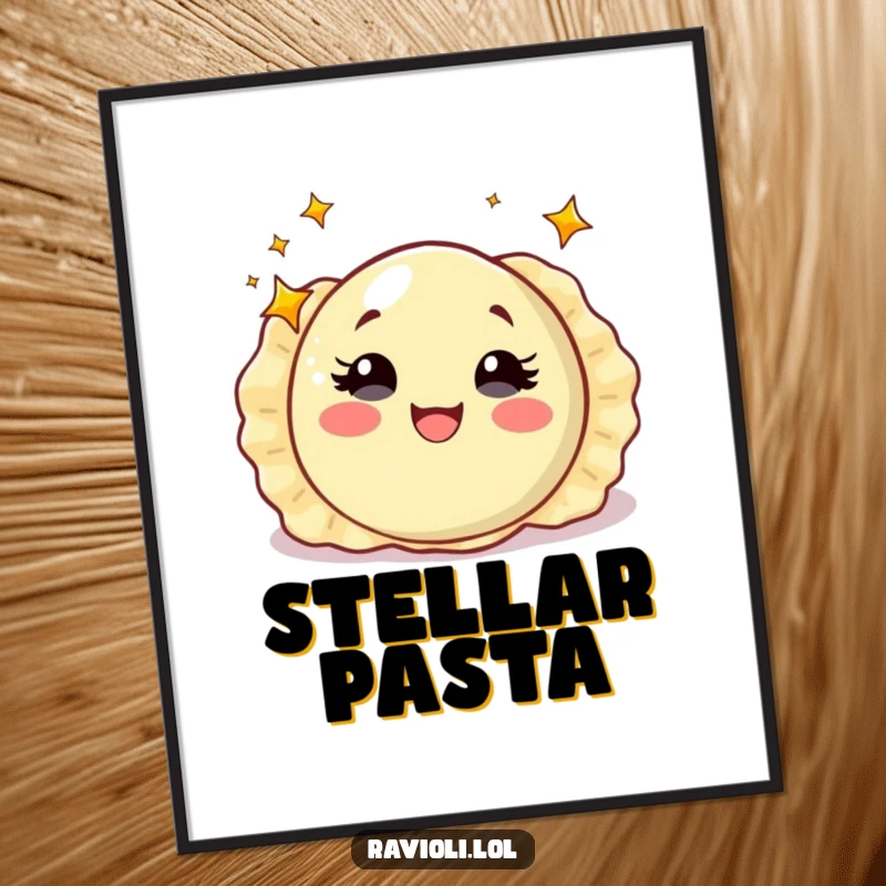 Funny ravioli with starry eyes spinning, poster of a mesmerized Italian food character, perfect for funny wall decor.