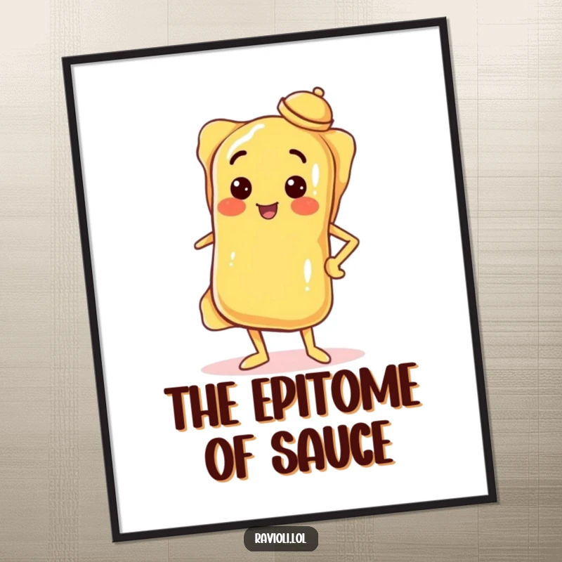 Funny poster depicting a ravioli striking a confident pose with hand on hip and a tiny tilted hat, adding bold art.