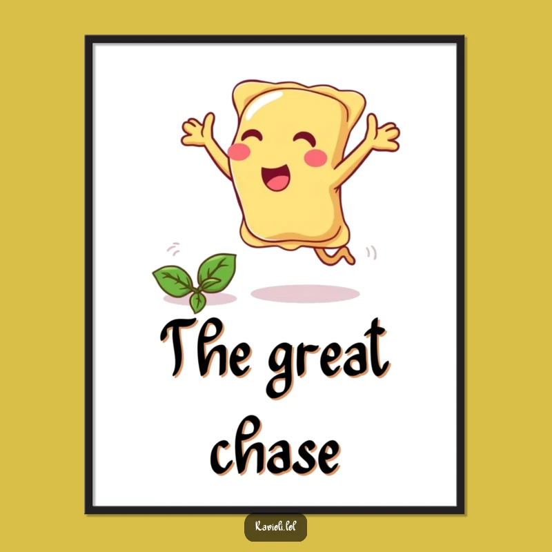 Funny Ravioli Chasing Basil Poster - Whimsical Pasta Art