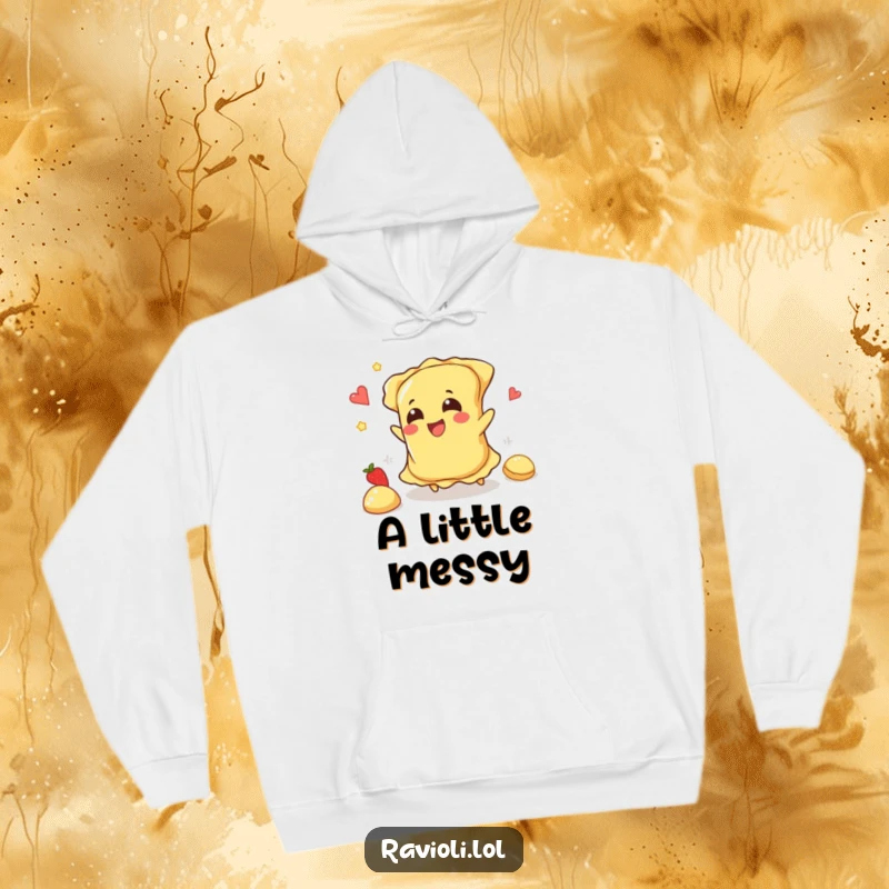 Funny ravioli character tripping and spilling its filling happily, a cozy and humorous hoodie.