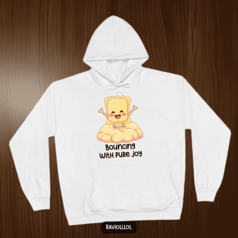 Funny hoodie design of a happy ravioli character bouncing on dough, perfect for cozy food lovers.