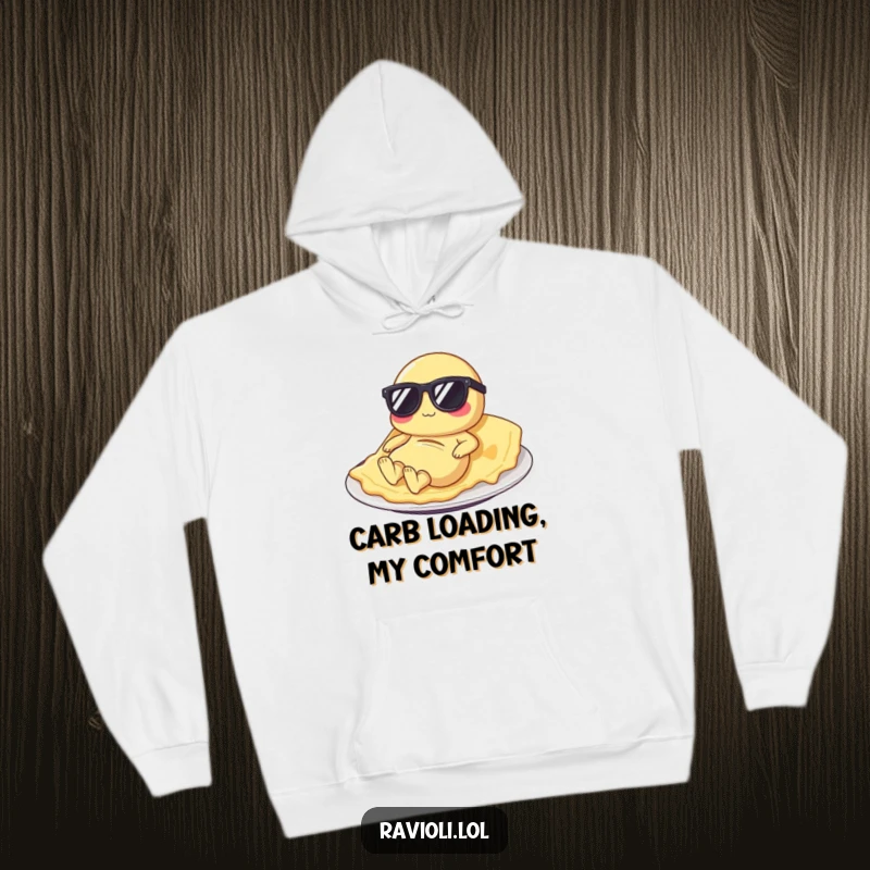 Funny ravioli hoodie depicting a pasta character with tiny sunglasses relaxing on a plate, conveying a humorous vacation mood.