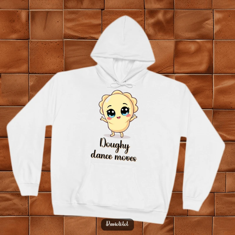 Funny ravioli character with wide eyes doing a silly dance, featured on a cozy and fun hoodie.