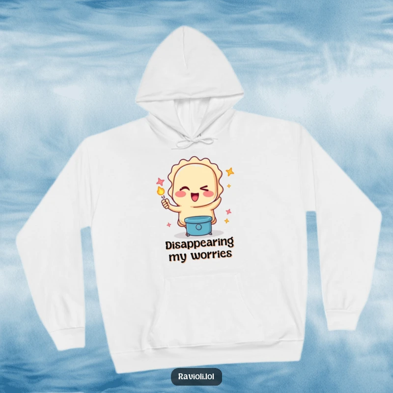 Funny hoodie with a happy ravioli character winking while performing a magic trick, offering warmth and humor for food and magic lovers.
