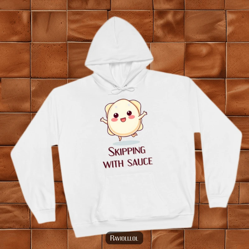 Funny plump ravioli character with tiny legs joyfully skipping, featured on a cozy and whimsical hoodie.