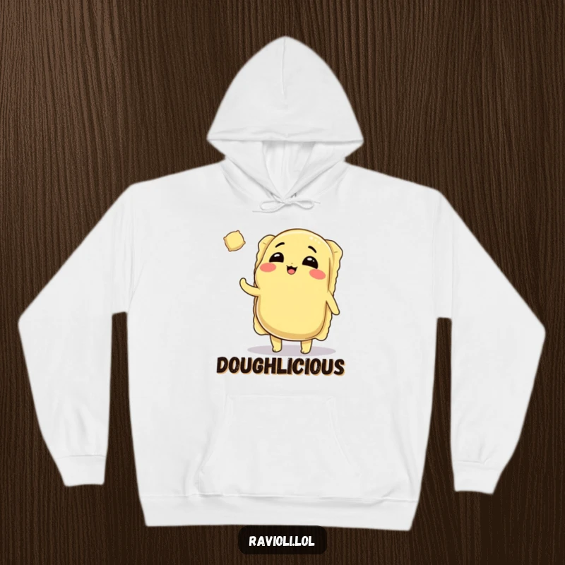 Funny Ravioli Hoodie: Plump ravioli character winking and tossing a tiny ravioli, offering warmth and pasta-themed humor.