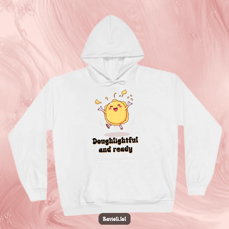 Funny Ravioli Hoodie showing a ravioli character performing a cartwheel amidst wisps of pasta steam, a cozy and humorous item.
