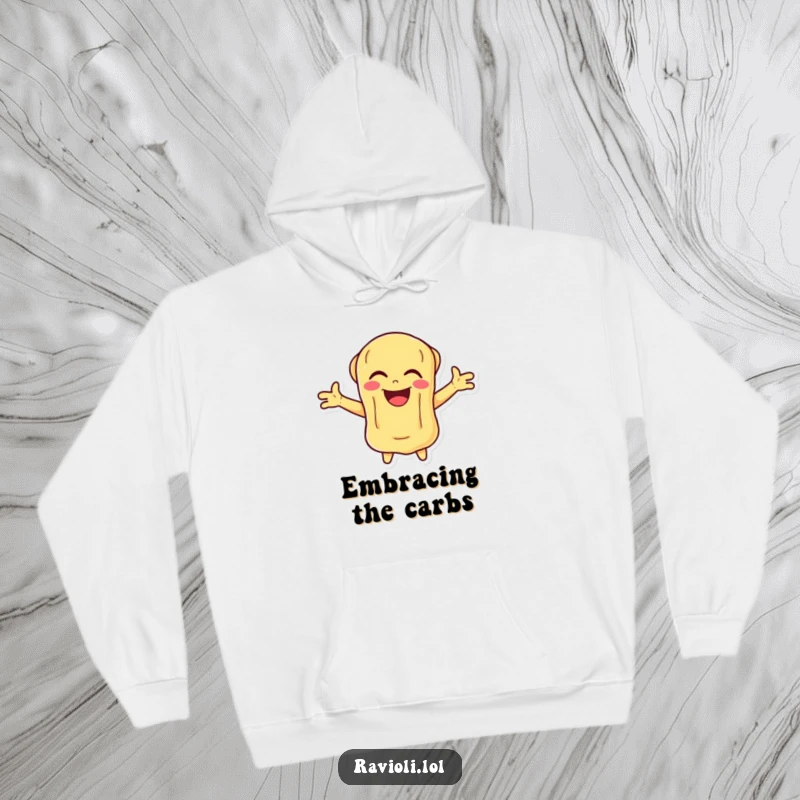 Funny Ravioli Hoodie depicting a pasta character laughing vibrantly with arms outstretched, ideal for cozy, cheerful wear.