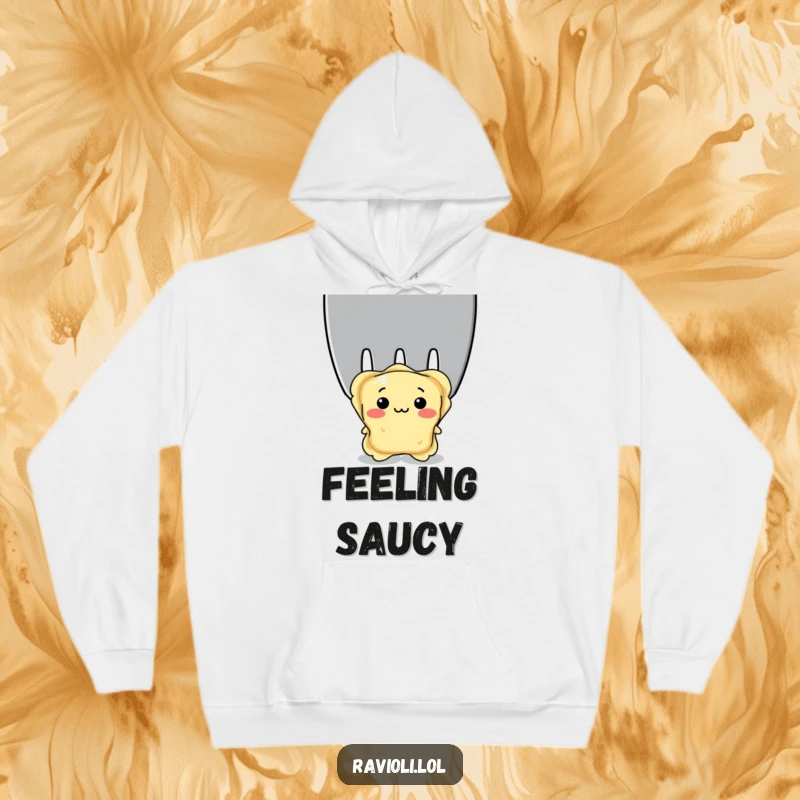 Funny shy ravioli peeking out from behind a giant fork, depicting shyness and a fondness for pasta, excellent funny hoodie.