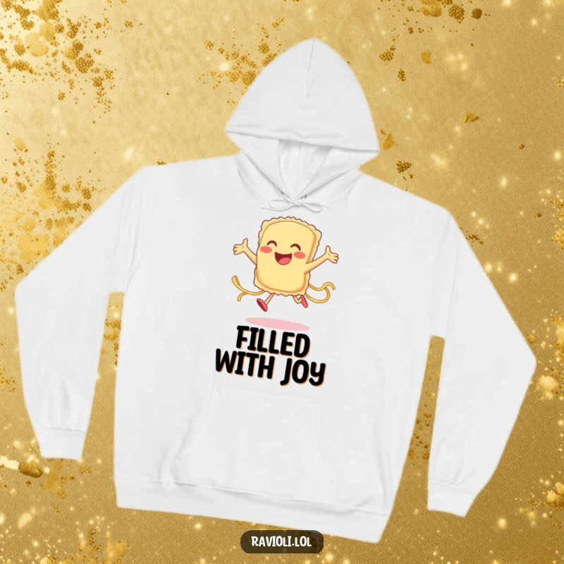 Funny smiling ravioli character mid-leap with pasta strands flying, on a warm and humorous hoodie, great gift.