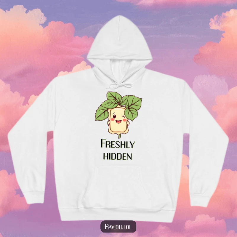 Funny hoodie graphic of a smiling ravioli character hiding behind a large basil leaf, conveying playful Italian charm.