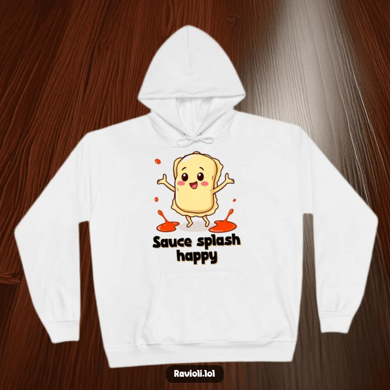 Funny hoodie graphic of a ravioli character enthusiastically doing a happy dance with colorful sauce splatters creating a festive atmosphere.
