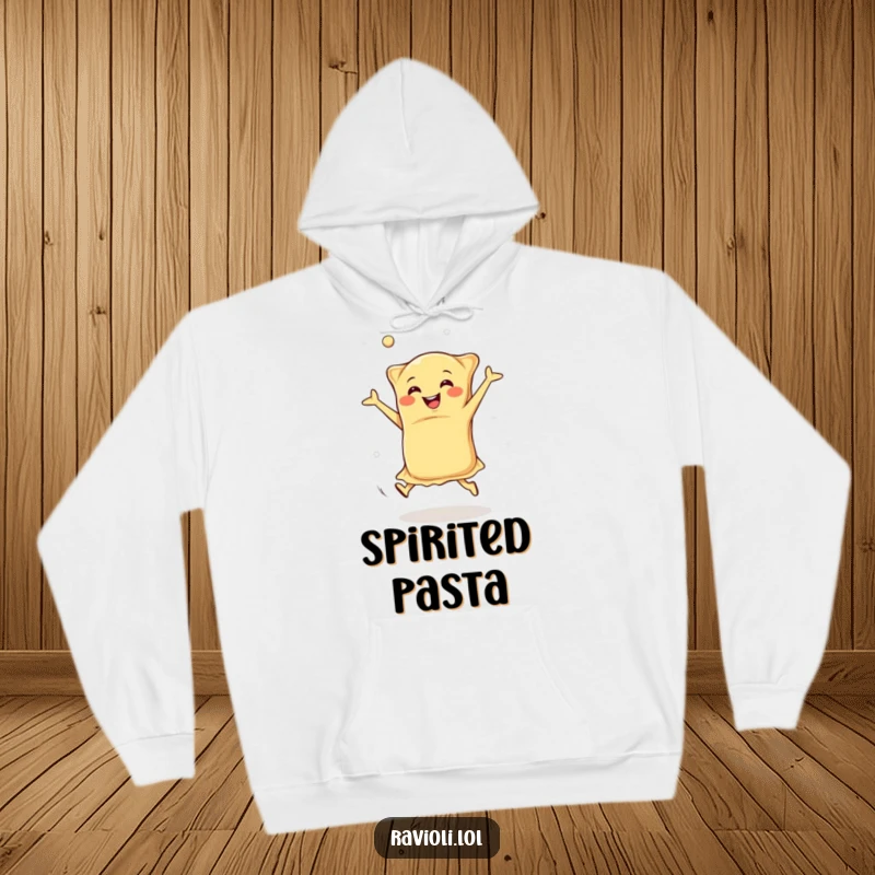 Funny happy ravioli cartwheeling with dough in the air, cozy hoodie featuring an energetic Italian food character, excellent funny gift.