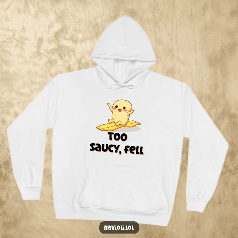 Funny ravioli character caught mid-slip on a banana peel, legs akimbo, a cozy and hilarious hoodie.