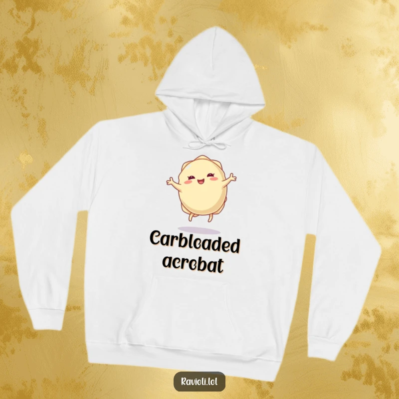 Funny ravioli dumpling hoodie with tiny legs doing a joyful cartwheel, offering comfort and playful food-themed cheer.