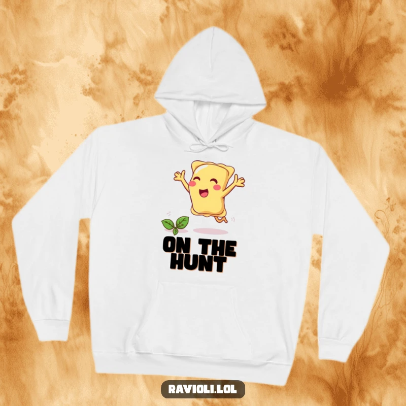 Funny ravioli joyfully chases a basil leaf with open arms, cozy hoodie.
