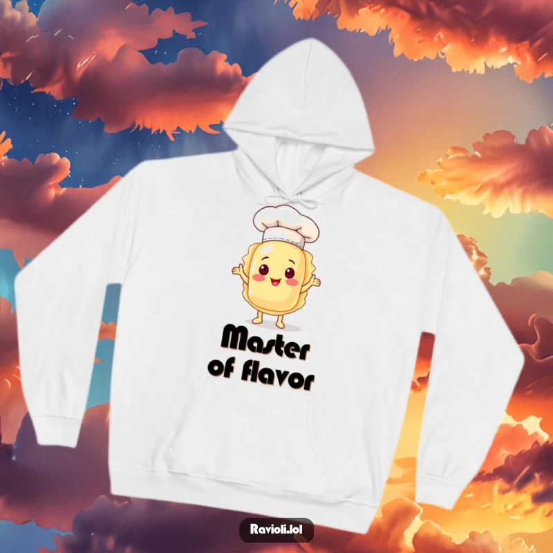 A comfortable hoodie featuring a funny ravioli character in a miniature chef hat, proudly showcasing its culinary prowess.