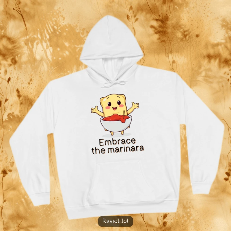 Funny hoodie design of a ravioli character with arms wide open, embracing a bowl of marinara sauce, embodying Italian culinary comfort and passion.