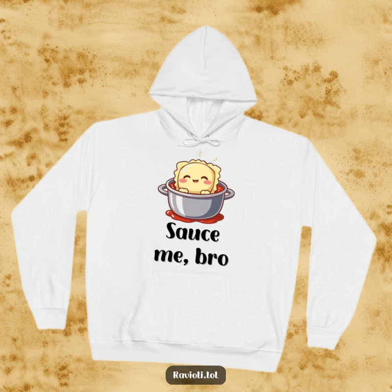Funny ravioli character peeking with a silly face from a pot of sauce, cozy and humorous hoodie.