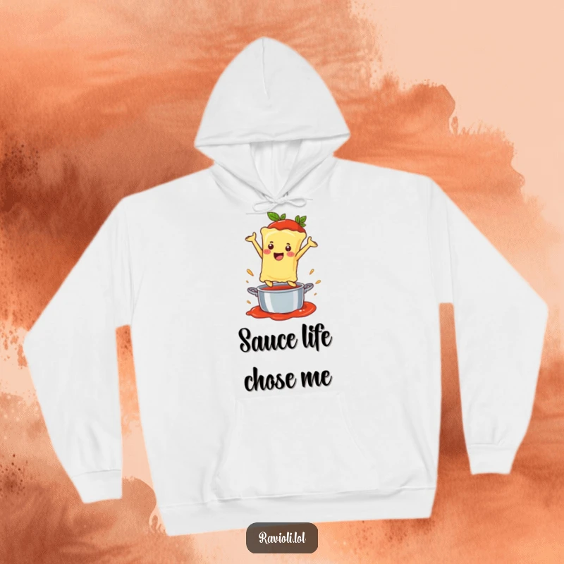 Funny Ravioli Hoodie depicting a happy ravioli character leaping into a sauce pot, offering warmth and humor.