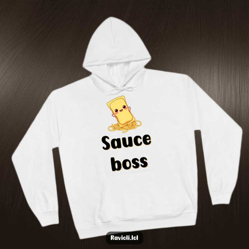 Funny ravioli character playfully sliding down a spaghetti strand on a cozy hoodie, perfect for pasta humor fans.