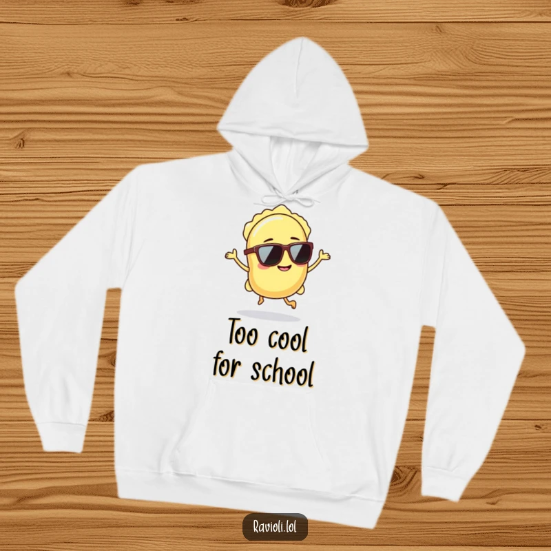 Funny ravioli in sunglasses hops confidently, cozy hoodie design for pasta lovers.
