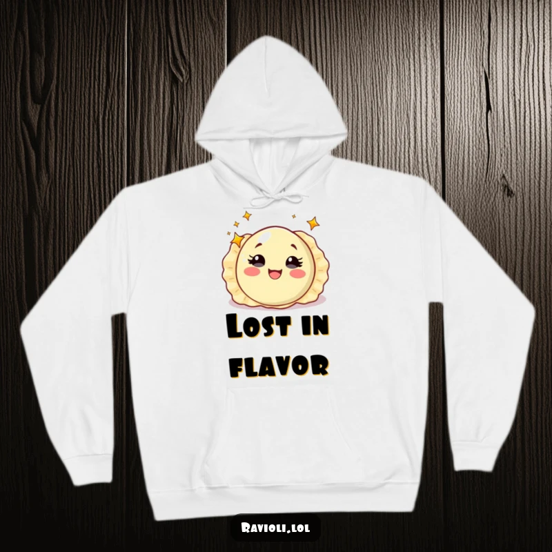 Funny ravioli with starry eyes spinning, cozy hoodie with a magical Italian food character, excellent funny gift.