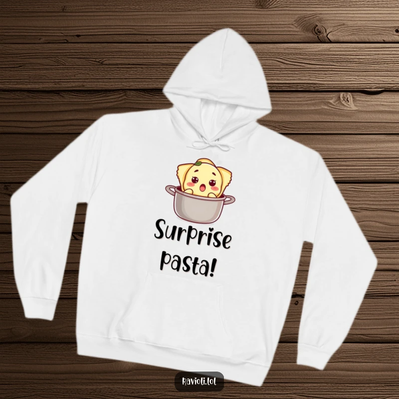 Funny ravioli character looking surprised as it pops out of a pot, featured on a cozy hoodie for humorous effect.