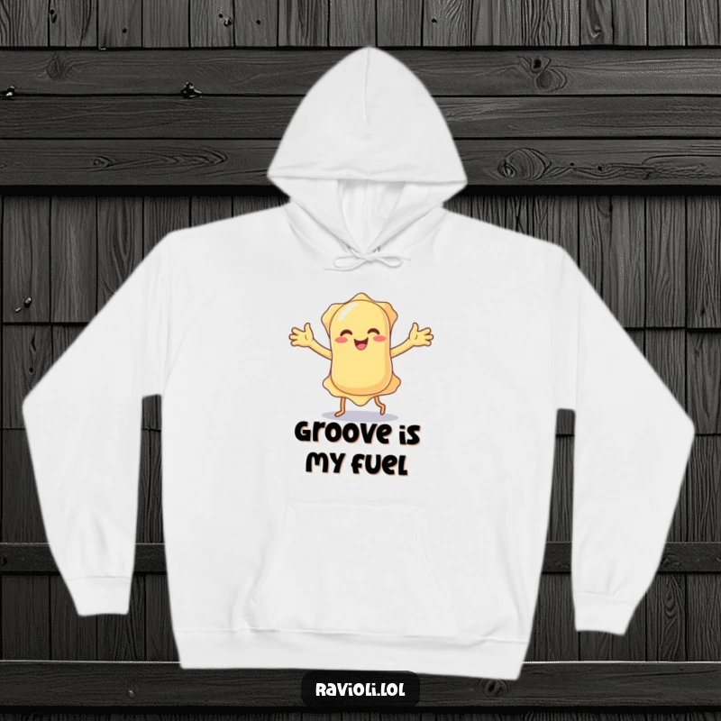 Cozy funny ravioli character doing a silly dance with floppy arms, featured on a warm hoodie for ultimate comfort and cheer.