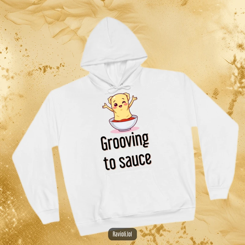 Soft, warm hoodie showcasing a funny ravioli character in a lively dance around a bowl of sauce, perfect for active comfort.