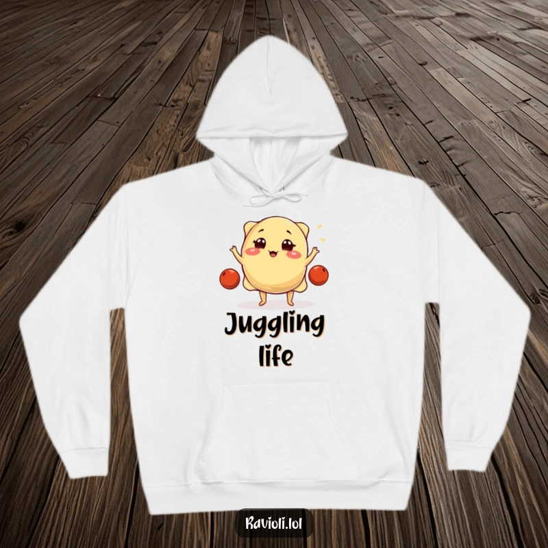 Funny plump ravioli character winks while juggling meatballs, featured on a warm, cozy hoodie, an ideal humorous gift.