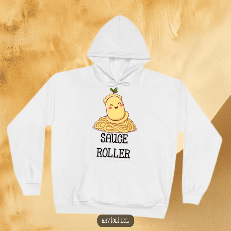 Funny hoodie with a smiling ravioli character blissfully rolling down a hill of pasta, offering warmth and comedic charm.