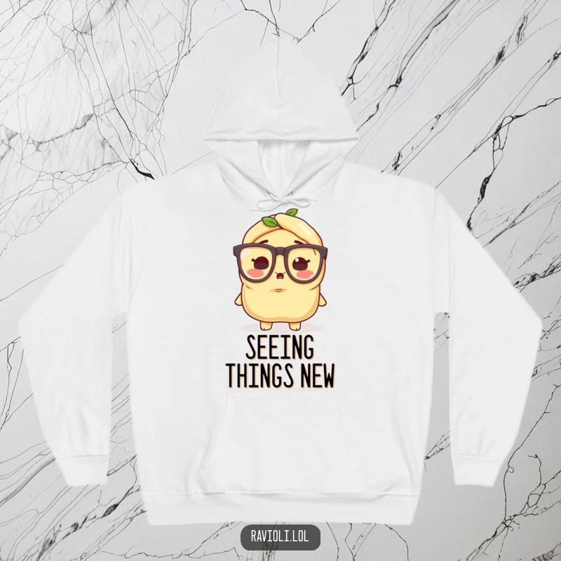 Funny ravioli character wearing tiny oversized glasses, looking surprised, a cozy and humorous hoodie.