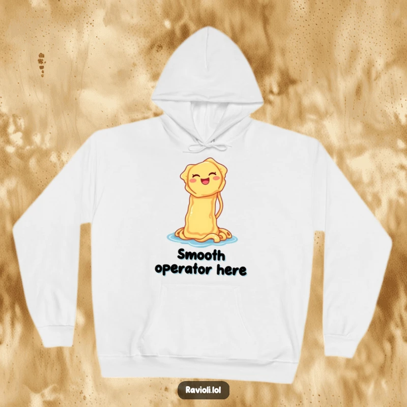 Soft, warm hoodie with a funny ravioli laughing on a noodle waterslide, perfect for cozy days and cheerful spirits.