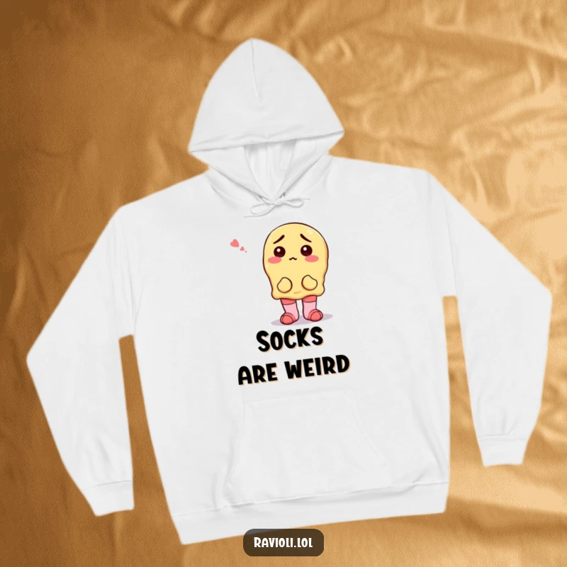 Soft, warm hoodie showcasing a funny ravioli character looking completely confused while wearing two distinct, mismatched socks.