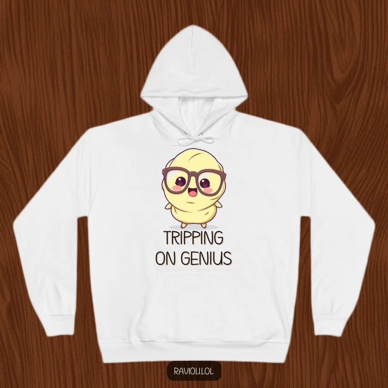 Funny Ravioli Hoodie depicting a pasta character with oversized glasses stumbling humorously, perfect for casual, funny wear.