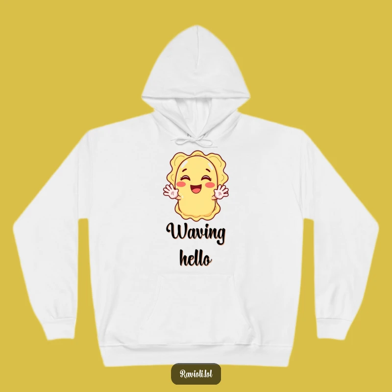 Funny Ravioli Waving Hand Hoodie: Cozy Comfort with Enthusiastic Cartoon Style Gift