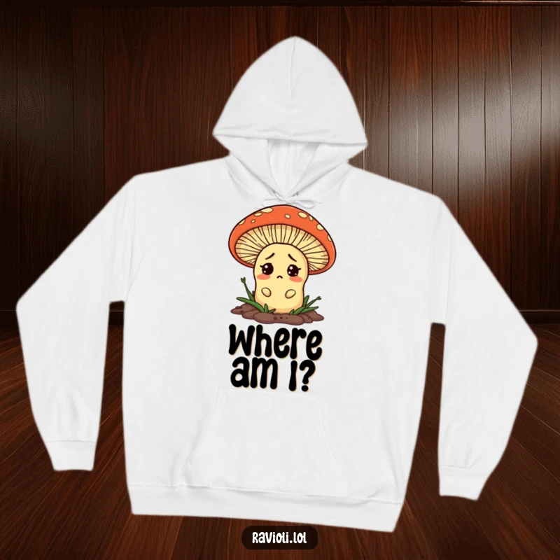 Funny ravioli peeking from behind a large mushroom, looking surprised on a comfortable hoodie, a great humorous gift.