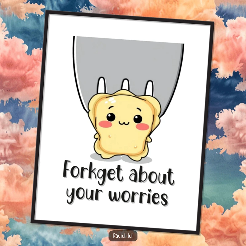 Funny Free Printable Wall Art: A shy ravioli peeking curiously from behind a comically large fork, adding kitchen humor.